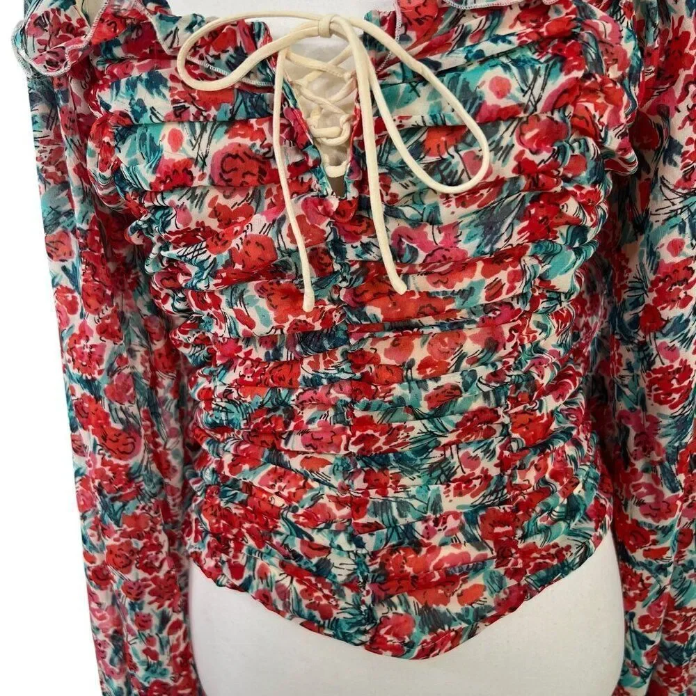 Free People Mabel Printed Floral Smocked Balloon Sleeve Blouse Red Size Medium